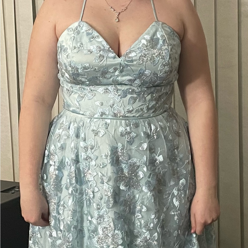 Silver Blue Floral Metallic Halter Evening Dress